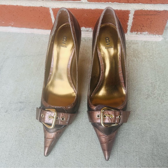 Bakers Coral Heels Golden Buckle Brown Show With Pointed Toe Embossed Crocodile - Picture 5 of 10